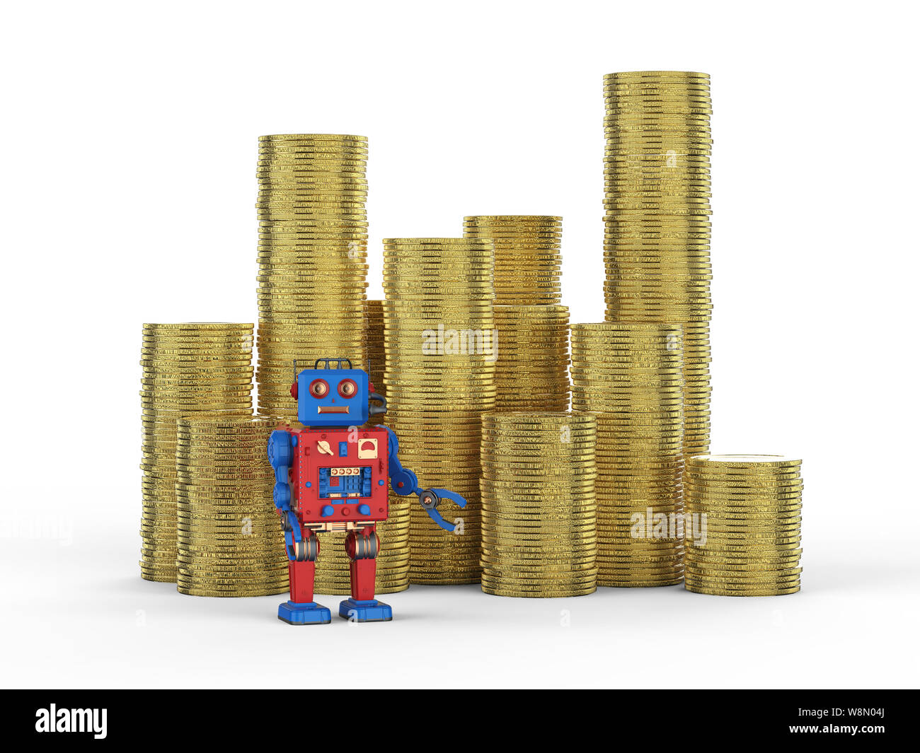 Technologie concept financier avec rendu 3D robot avec pile de pièces d'or Banque D'Images