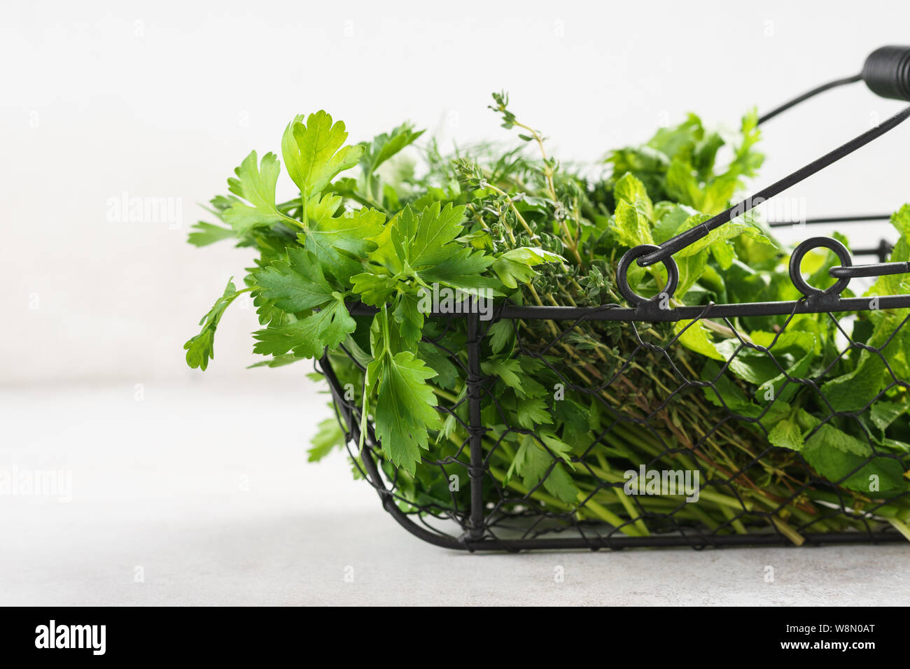 Panier avec une variété d'herbes culinaires vert frais sur fond gris. Ingrédients biologiques pour la cuisine. Banque D'Images