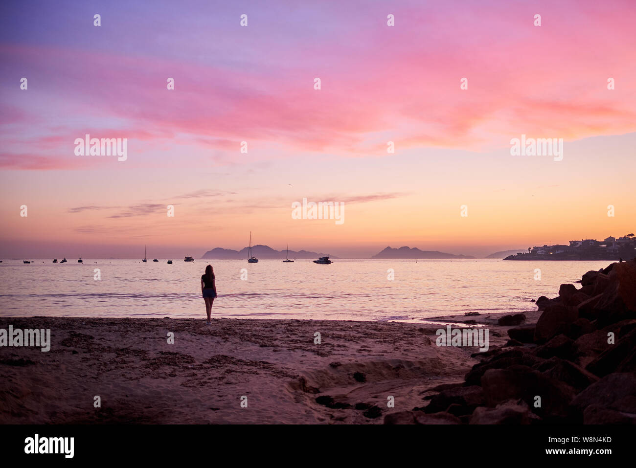 Vue sur l'océan Atlantique à partir de la plage de Vao à Vigo, Espagne Banque D'Images