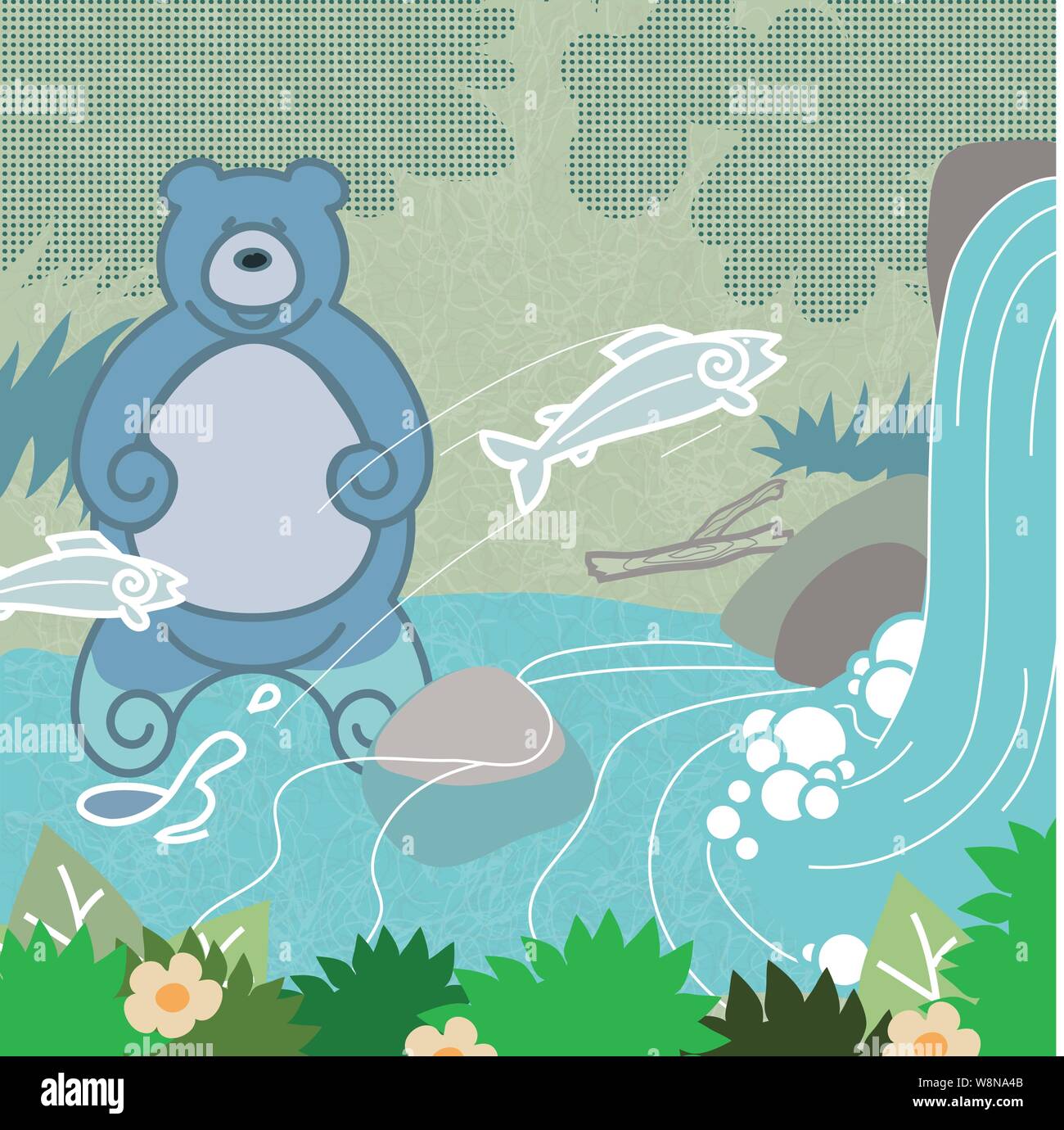 Un dessin animé de la pêche ours ours brun la pêche du saumon dans une rivière avec une chute d'eau Illustration de Vecteur