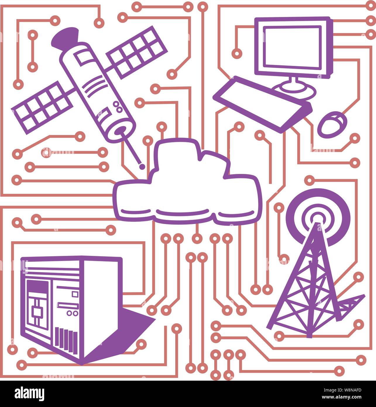Le stockage cloud entouré par un satellite, un ordinateur de bureau, un serveur et une tour de téléphonie cellulaire. Reliant tous ensemble sont le commerçant à pied d'un circuit Illustration de Vecteur