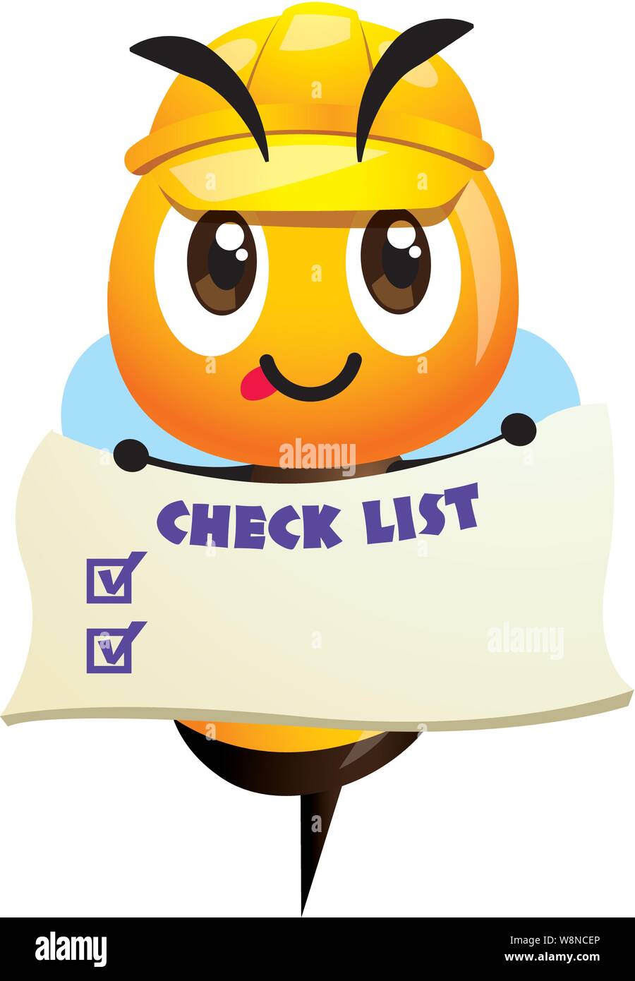 Dessin animé abeille portant un capuchon de sécurité jaune et tenant une affiche de liste de contrôle. Adorable mascotte robuste Happy Bee. Illustration vectorielle de conception plate isolée Illustration de Vecteur