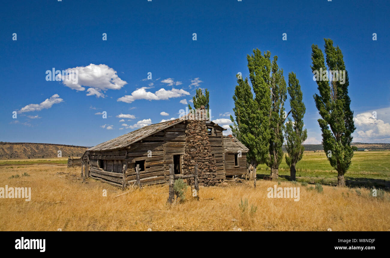 Un ranch maison abandonnée depuis longtemps dans la vallée de la rivière Crooked de centre de l'Oregon. Banque D'Images
