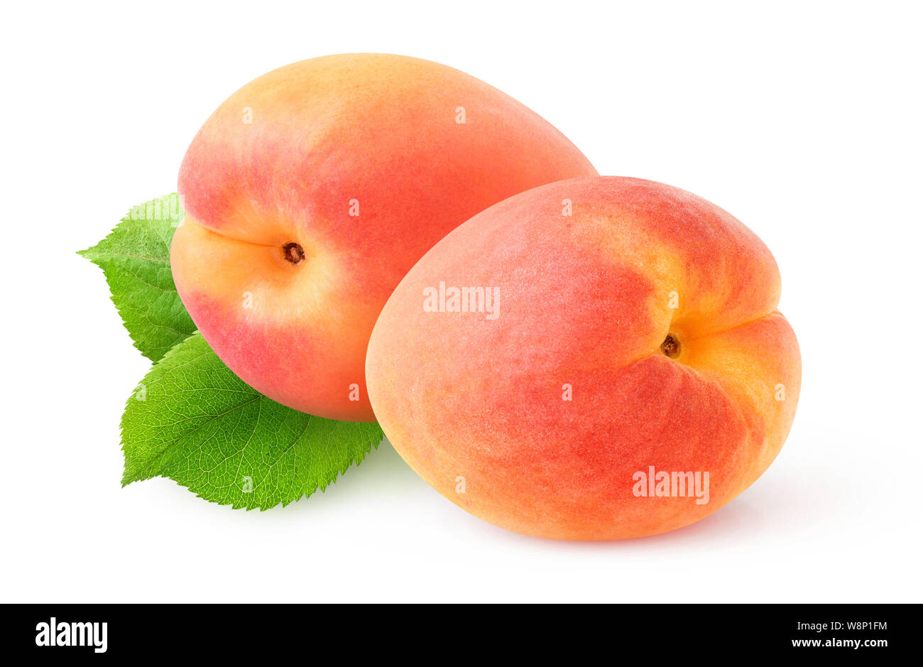 Deux fruits abricot rose plus de feuilles isolées sur fond blanc avec clipping path Banque D'Images