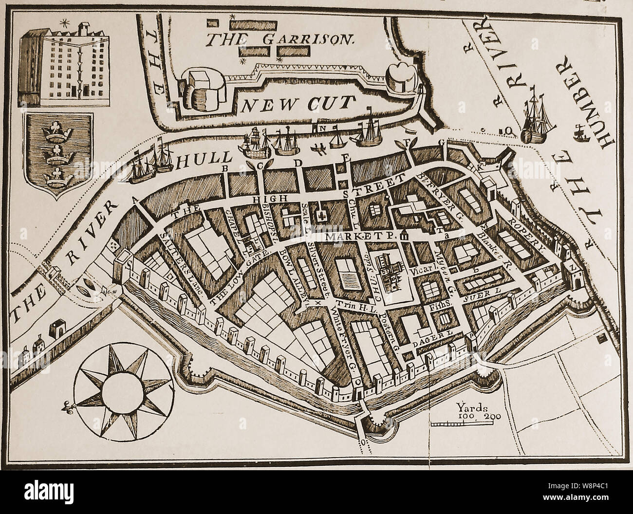 Ville de Kingston Upon Hull populairement connu simplement comme Hull, Angleterre - gravure historique - une carte ou un plan de la ville en 1735 avec ses rues et garrison Banque D'Images