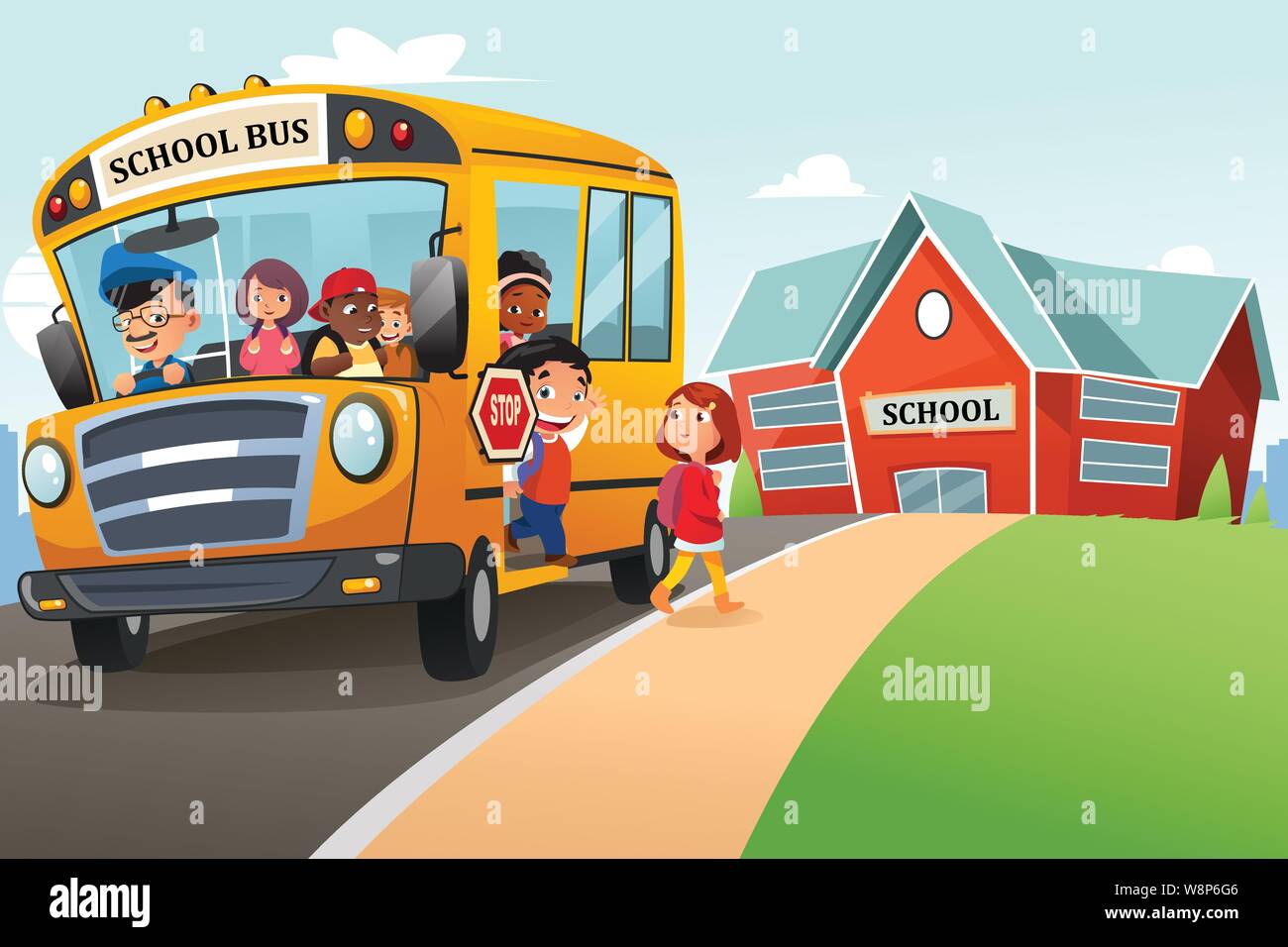 Les enfants de l'école de descendre de l'autobus scolaire Illustration Illustration de Vecteur