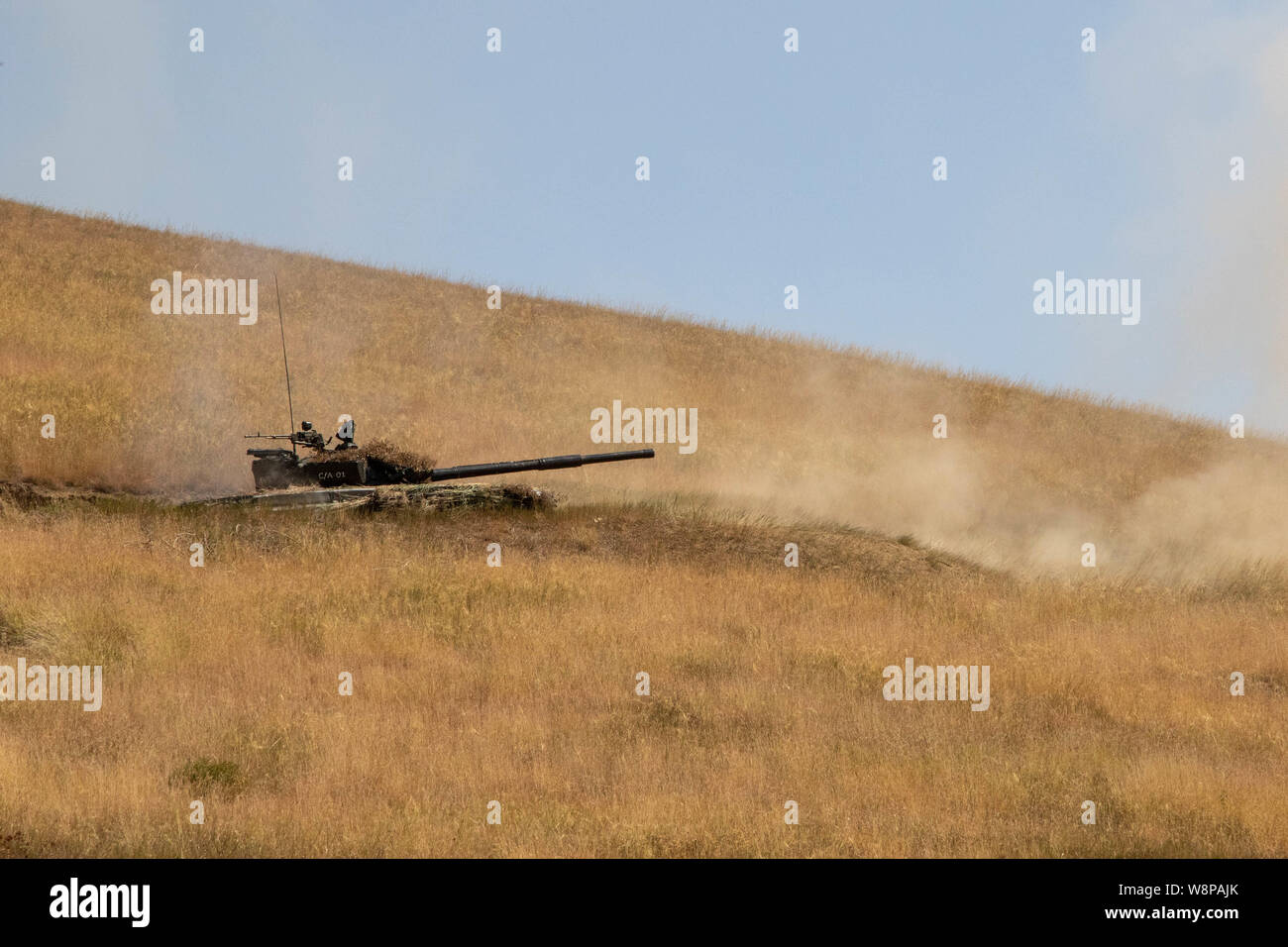 Une Force de défense géorgien T-72 char de combat principal tire sur cibles simulé sur une plage pendant l'esprit agile 19 cérémonie de clôture de l'exercice de tir réel, le 9 août 2019, à la formation Orpholo, Géorgie. AsG19 est un exercice multinational interarmées, co-dirigé par l'armée américaine et les Forces de défense de l'Europe. Se produisant le 27 Juillet à Août 9, 2019, l'exercice de brigade comprend un exercice de poste de commandement, la formation sur le terrain de l'exercice, et d'incendies. Améliore l'esprit agile, géorgien, U.S. forces des pays alliés et des pays partenaires, l'interopérabilité et la létalité des préparation dans un environnement d'entraînement réaliste. ( Banque D'Images