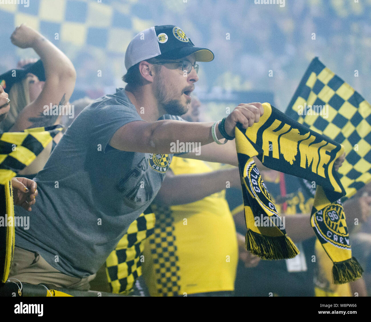 Columbus, Ohio, USA. 10 août, 2019. Un ventilateur SC Columbus Crew cheers leur équipe contre le FC Cincinnati dans leur jeu à Columbus, Ohio, USA. Brent Clark/Alamy Live News Banque D'Images