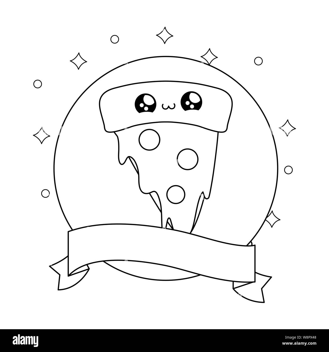 Tranche de pizza dans l'image circulaire avec style kawaii ruban vector illustration design Illustration de Vecteur