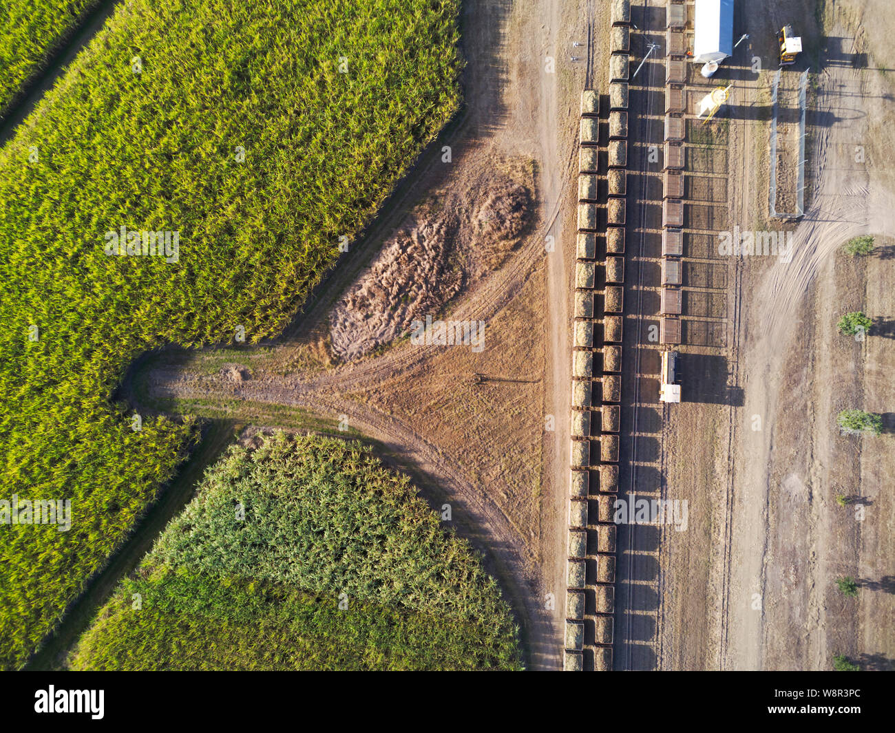 La canne à sucre de l'antenne du réseau ferroviaire train pendant la saison des récoltes à Wallaville près de Bundaberg Queensland Australie Banque D'Images