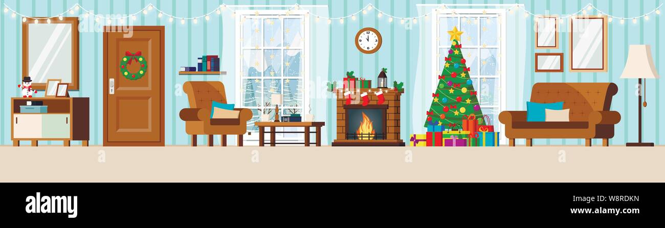 Nouvel an corridor confortable décoré salon intérieur avec arbre de Noël, cheminée, fauteuil, table, tasse, rack, table basse, fenêtre Illustration de Vecteur