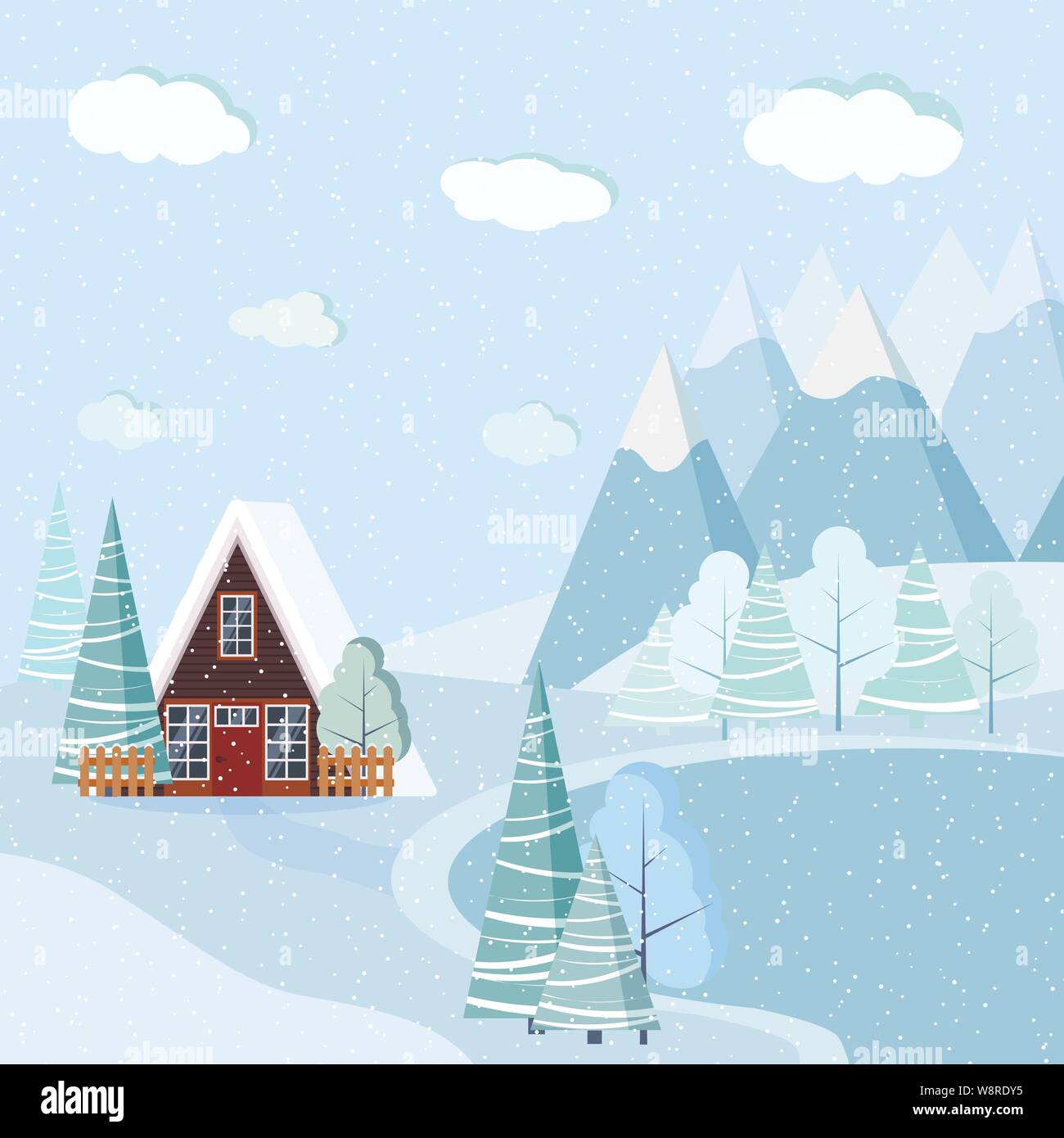 Beau paysage du lac d'hiver Noël arrière-plan avec une maison à ossature de bois, montagnes, neige, arbres, sapins Illustration de Vecteur