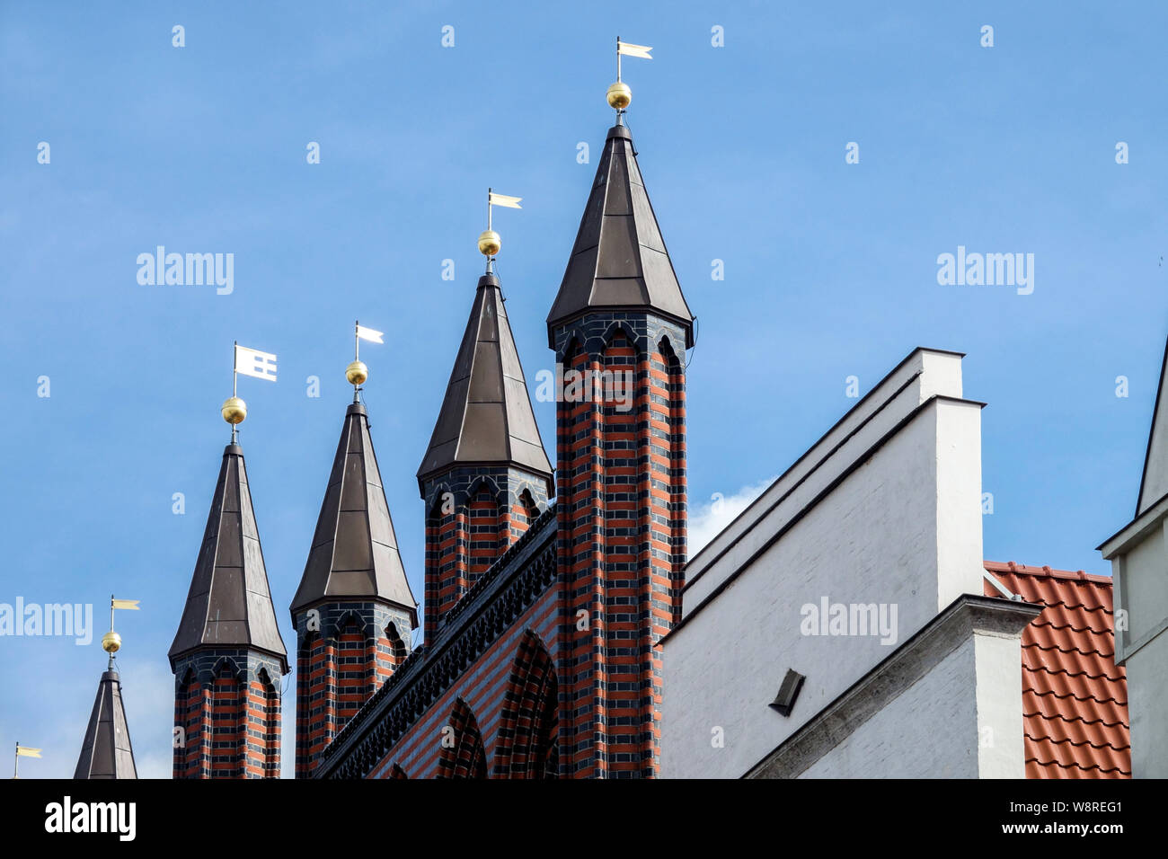 Germany Rostock, ancien hôtel de ville historique, détail de la façade de l'Allemagne Banque D'Images