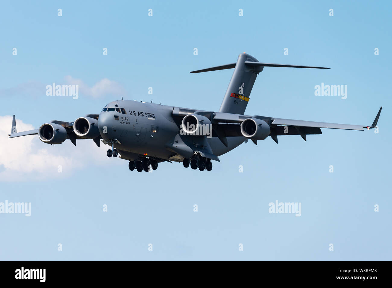 Un Boeing C-17 Globemaster III à partir de la 452e Escadre de mobilité aérienne de l'United States Air Force à la base aérienne de Volkel aux Pays-Bas. Banque D'Images