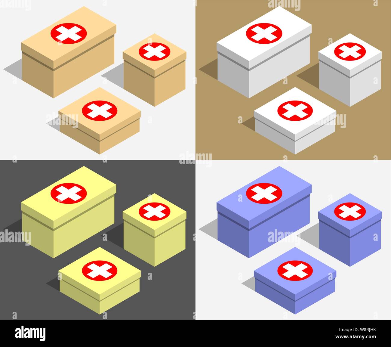 Ensemble de boîtes de tailles différentes avec symboles medecine. Boîtes en carton multicolores pour médicaments. Vecteur plan isométrique Illustration de Vecteur