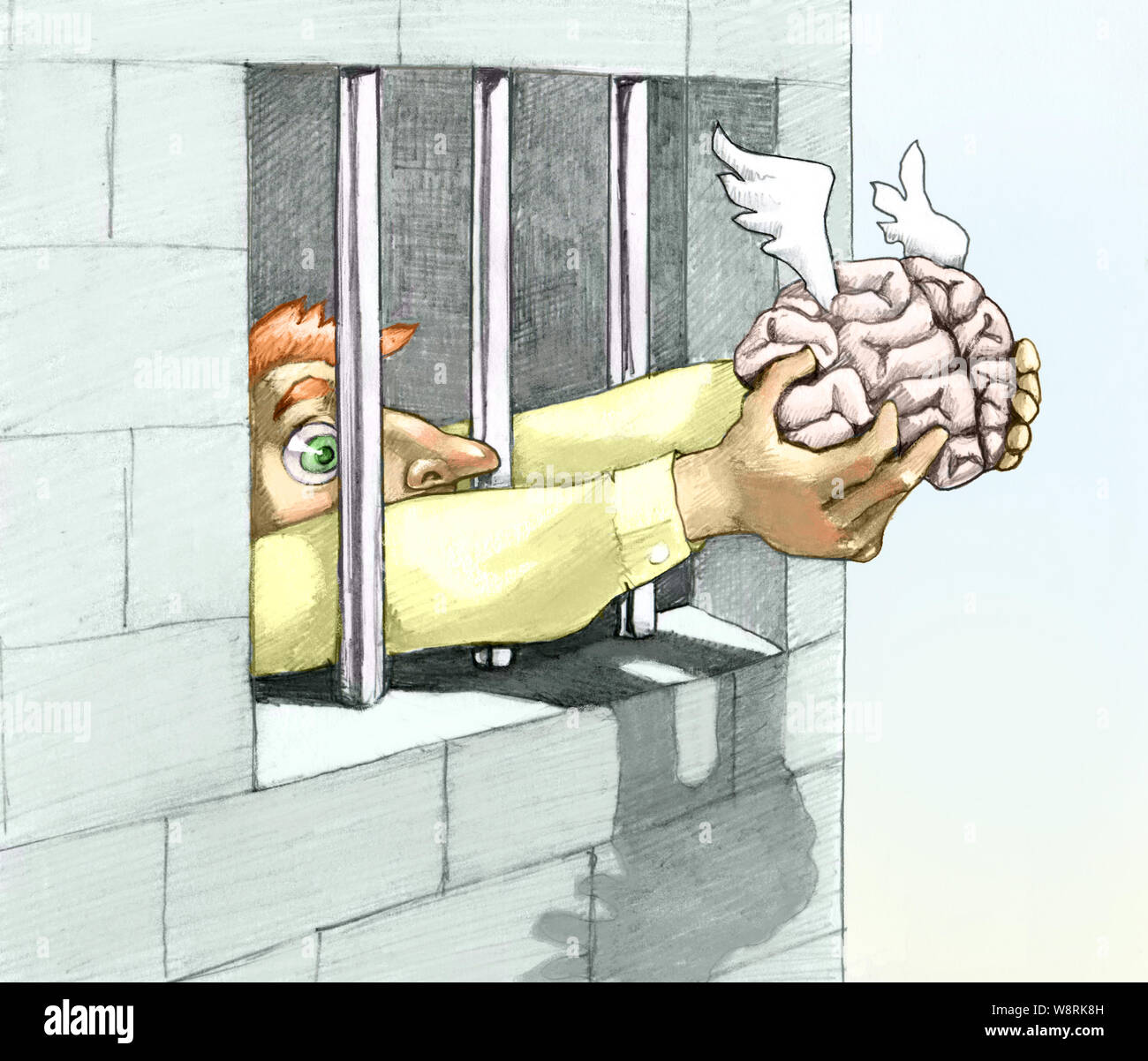 Un prisonnier vous permet de voler à travers les barreaux son esprit allégorie de la pensée qui définit un crayon dessiner gratuit Banque D'Images