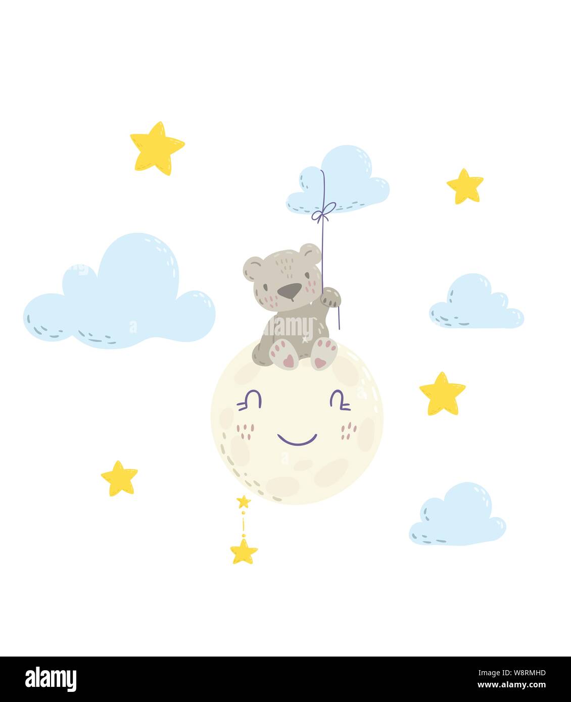 Cute Bear sur la lune tenant un ballon nuage télévision cartoon vector illustration pour les enfants. Parfait pour t-shirt, impression textile, les enfants portent des pépinières fashion design, carte d'invitation de douche de bébé. Illustration de Vecteur