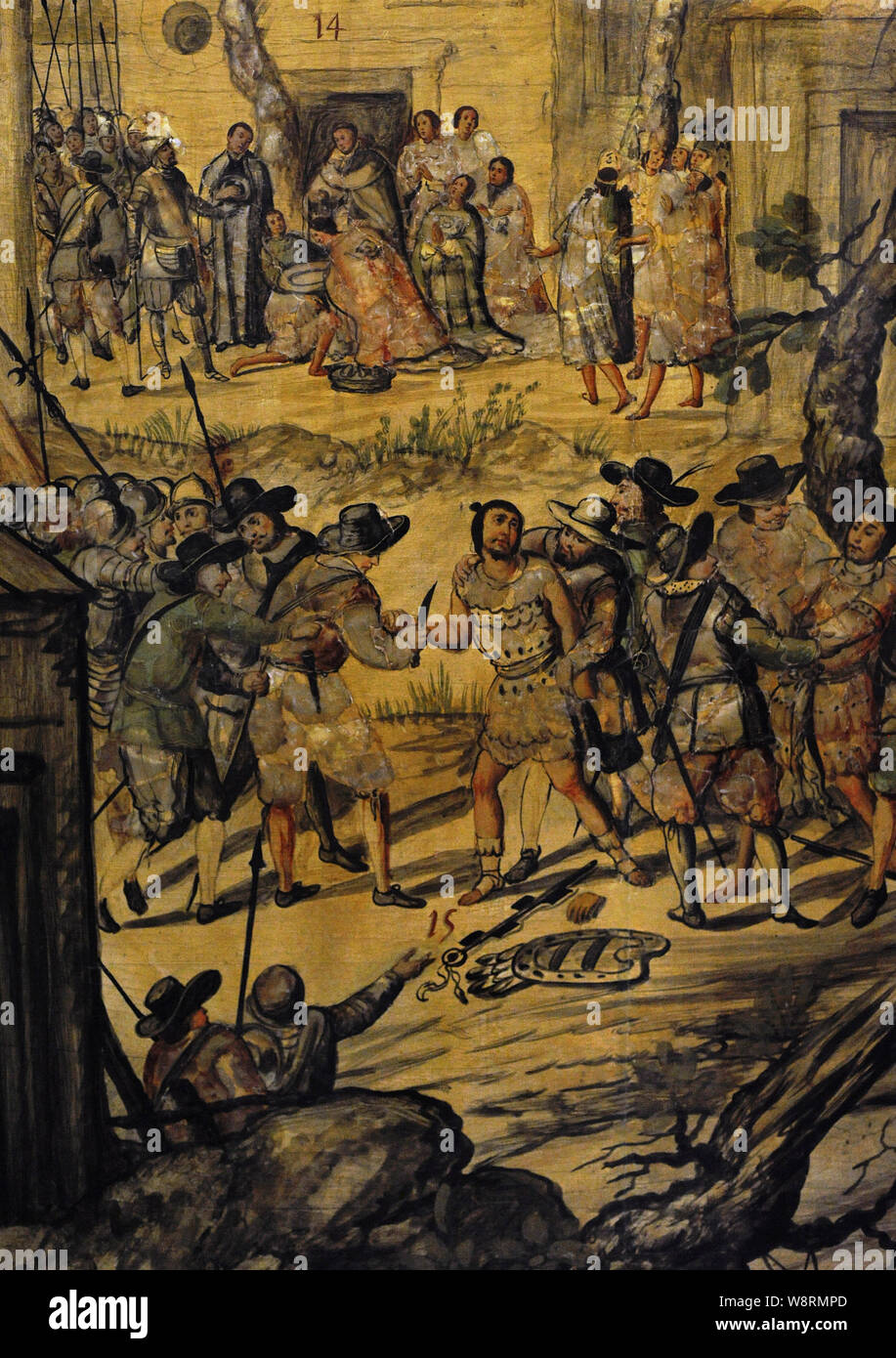 Conquête du Mexique (1519-1521). Vers à Cholula cinq Indiens sont baptisés par le frère Bartolomé de Las Salinas (la scène). De mort reçues par les Indiens d'espions : Xicotencatl ils coupaient à la main (en bas). Détail du conseil 7 issu d'une série de 24 conseils scolaires réalisés avec le 'enconchado » technique (fragments de nacre intégré dans la surface en bois, et des couches de peinture sont ajoutées à la surface brillante). Peint par Juan et Miguel Gonzalez (actif dans la deuxième moitié du 17ème siècle). Règne de Charles II. Huile sur panneau et nacre. Vice-royauté de Nouvelle Espagne. Mexique, 1698. Muse Banque D'Images