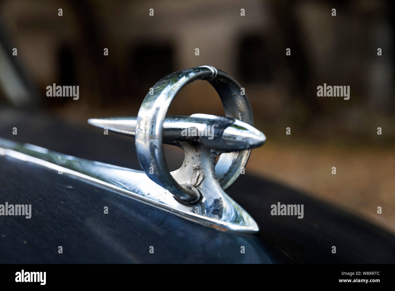 Circulaire et chrome futuriste ou mascotte de capot hood ornament of black 1950 classic car close up Banque D'Images