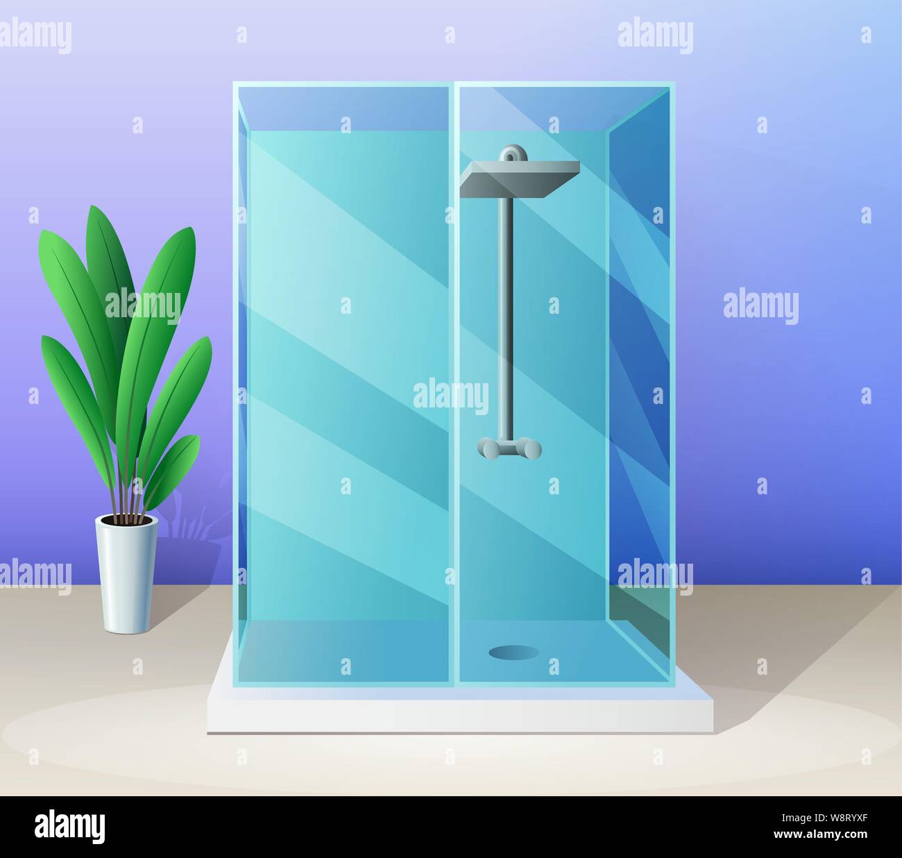 Cabine de douche moderne et plante d'intérieur vecteur en télévision, salle de bains style illustration. Illustration de Vecteur