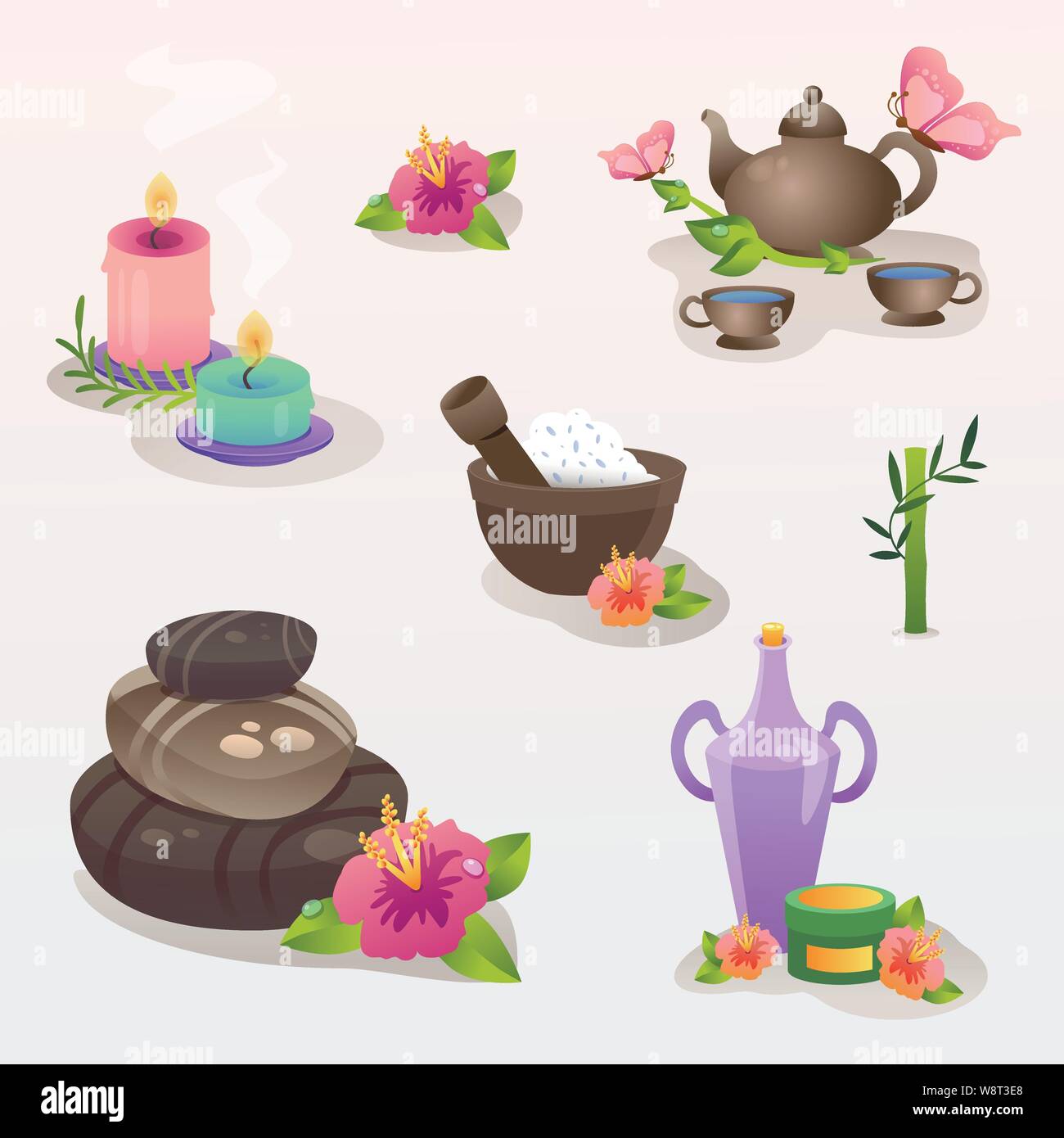 Icon Set Spa. Jeu de Spa Spa avec des pierres et le sel et le thé et l'arôme des bougies et des huiles aromatiques et des masques. Illustration de Vecteur