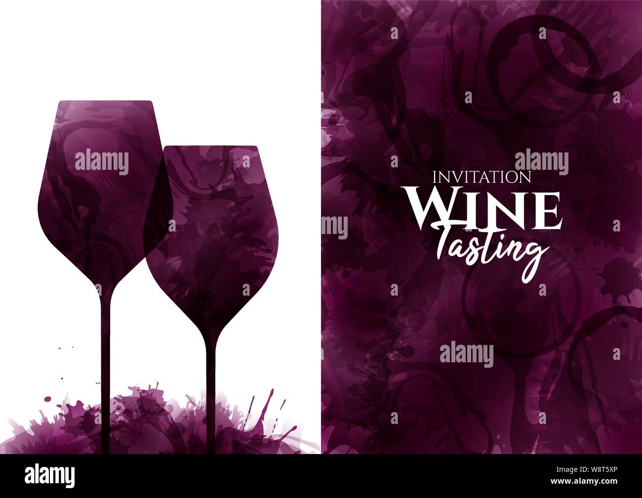 Illustration de deux verres à vin avec taches de vin rouge. Arrière-plan plein de couleur avec cercles et gouttes de vin. Idée pour une invitation à une fête ou à un événement, Illustration de Vecteur