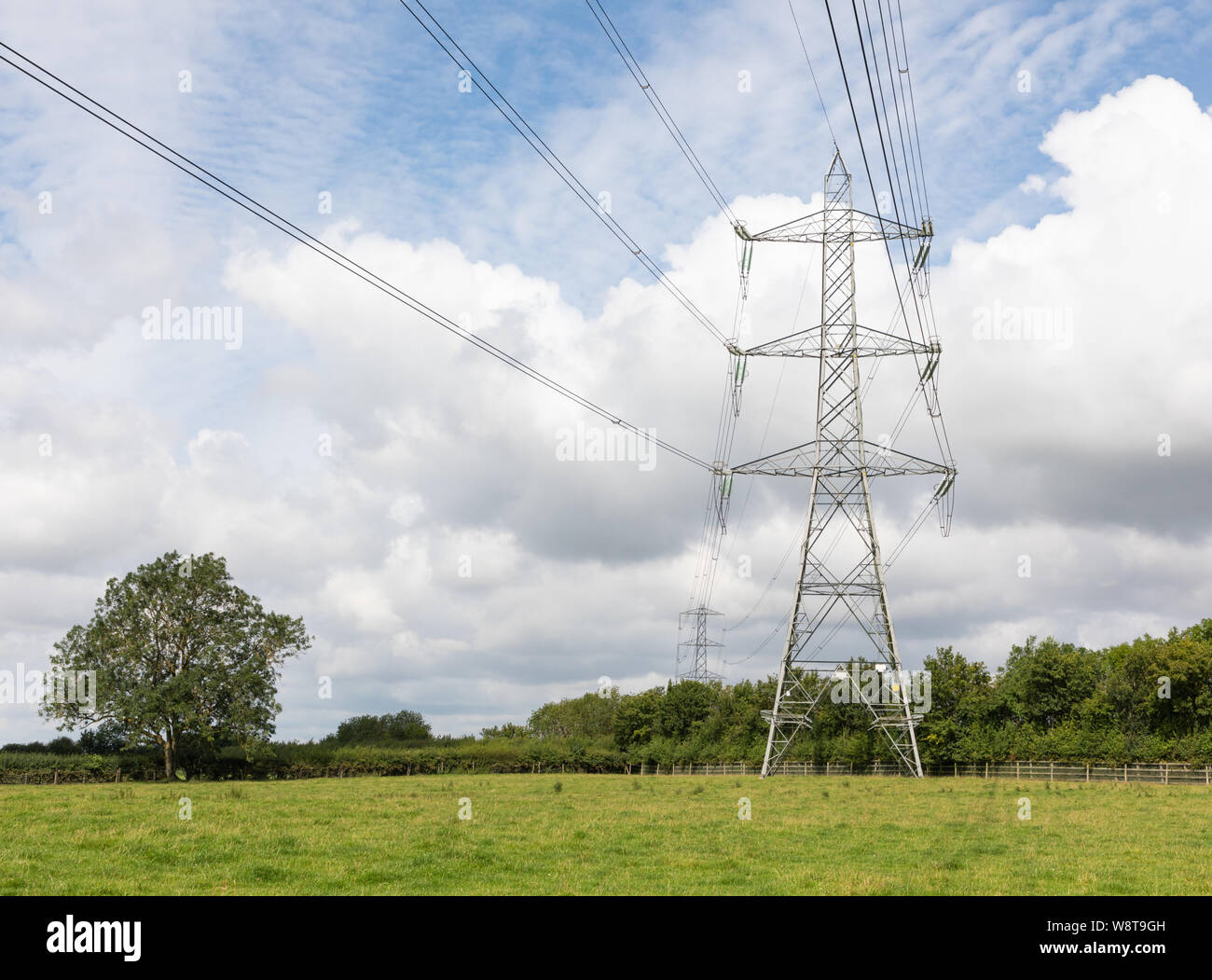 Clay Coton, Northamptonshire, Royaume-Uni: Un pylon électrique haute tension se trouve dans un champ d'herbe. Les fils vers et depuis le pylon changent de direction. Banque D'Images