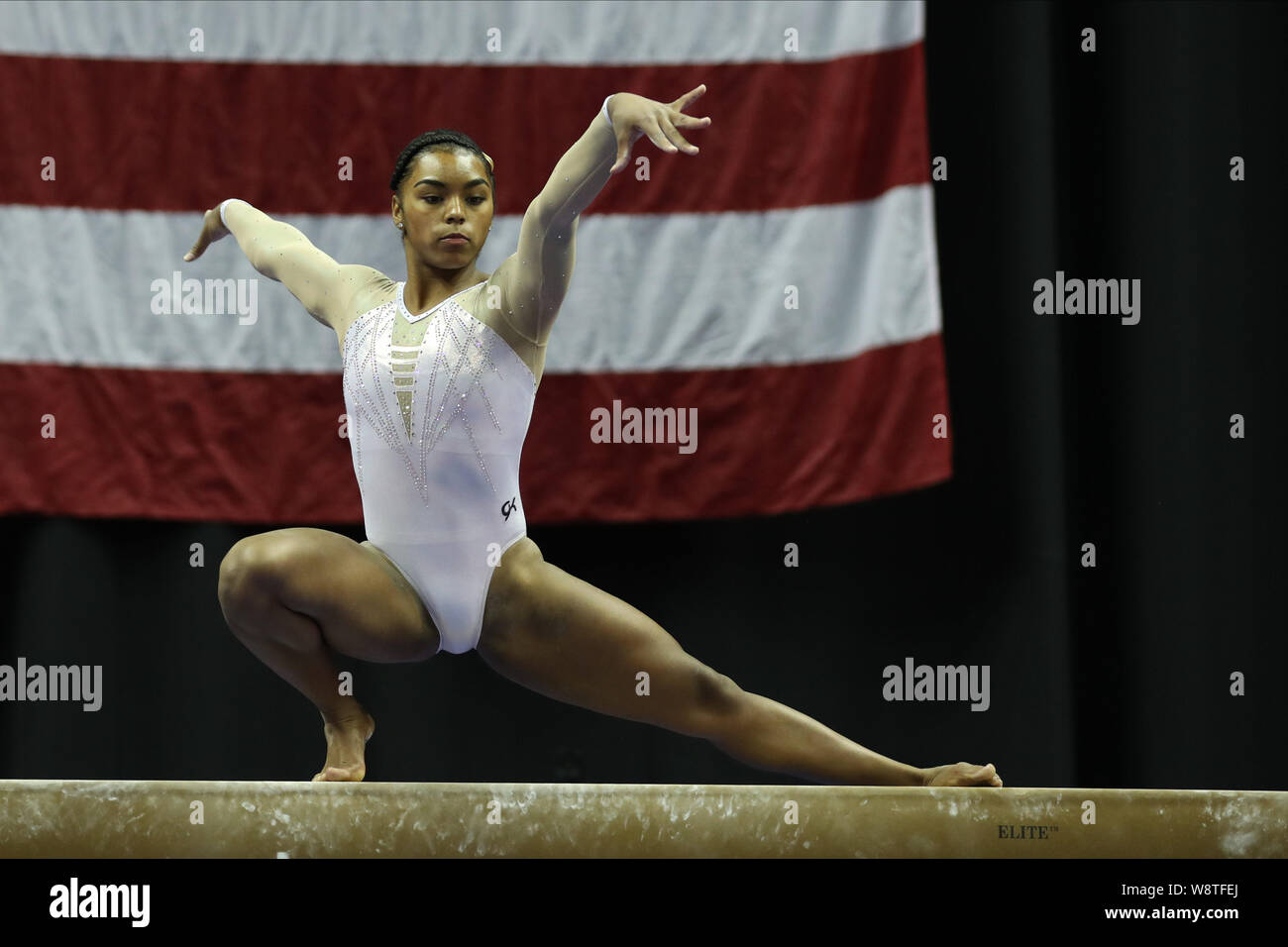 9 août 2019 : gymnaste eMjae Frazier fait concurrence au cours de la première journée de la compétition féminine junior au 2019 Championnats US, qui s'est tenue à Kansas City, MO. Melissa J. Perenson/CSM Banque D'Images
