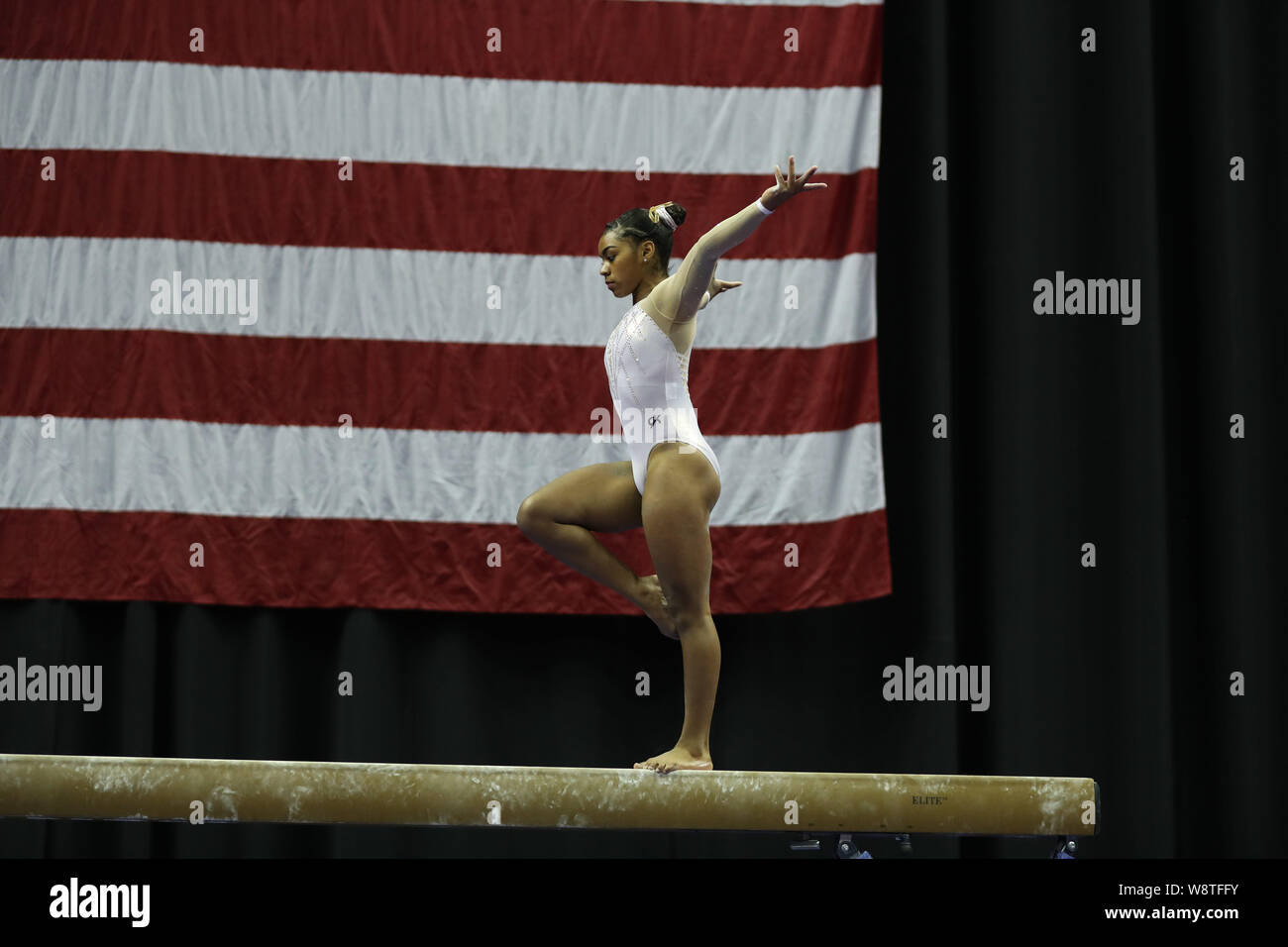 9 août 2019 : gymnaste eMjae Frazier fait concurrence au cours de la première journée de la compétition féminine junior au 2019 Championnats US, qui s'est tenue à Kansas City, MO. Melissa J. Perenson/CSM Banque D'Images
