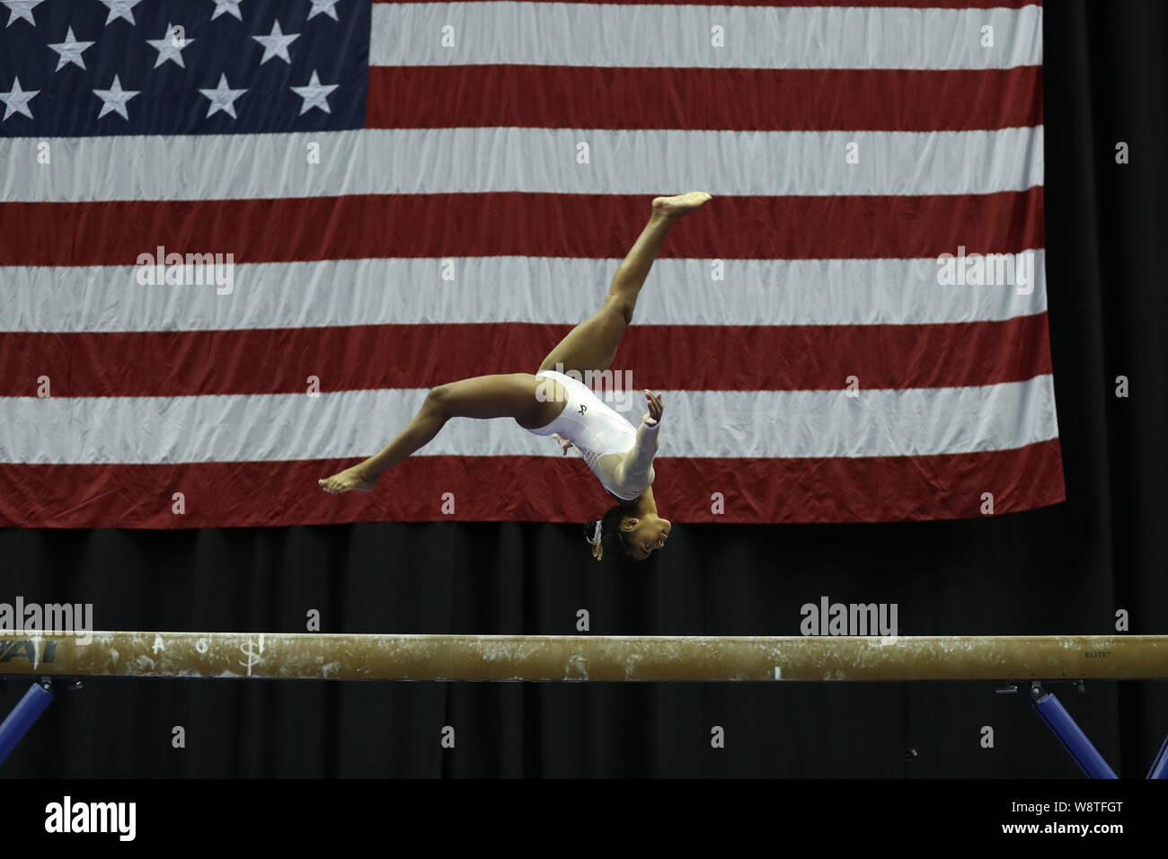 9 août 2019 : gymnaste eMjae Frazier fait concurrence au cours de la première journée de la compétition féminine junior au 2019 Championnats US, qui s'est tenue à Kansas City, MO. Melissa J. Perenson/CSM Banque D'Images
