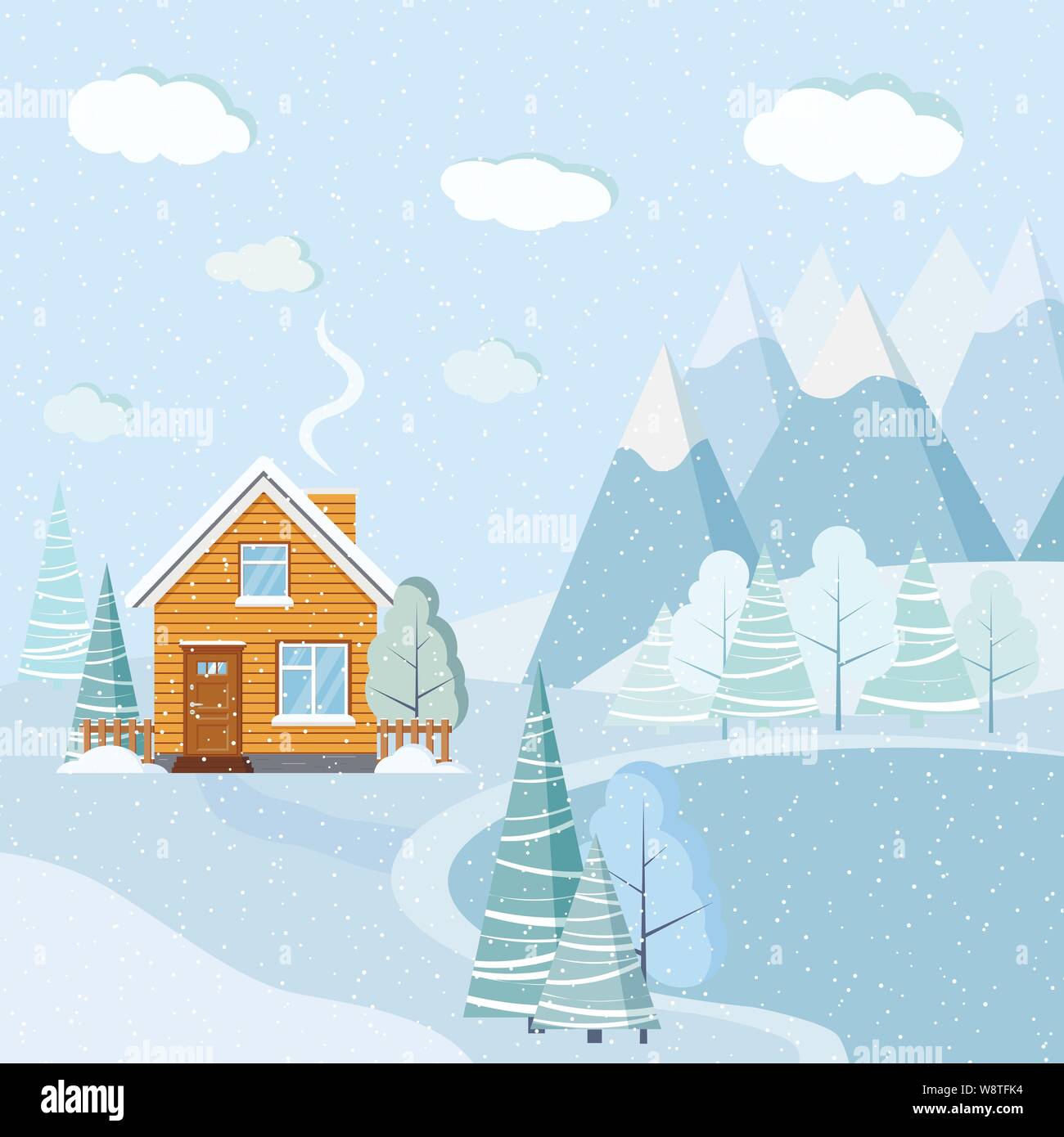 Modèle plat beau Noël neige hiver paysage lac avec des montagnes, nuages, arbres, sapins, maison rurale Illustration de Vecteur