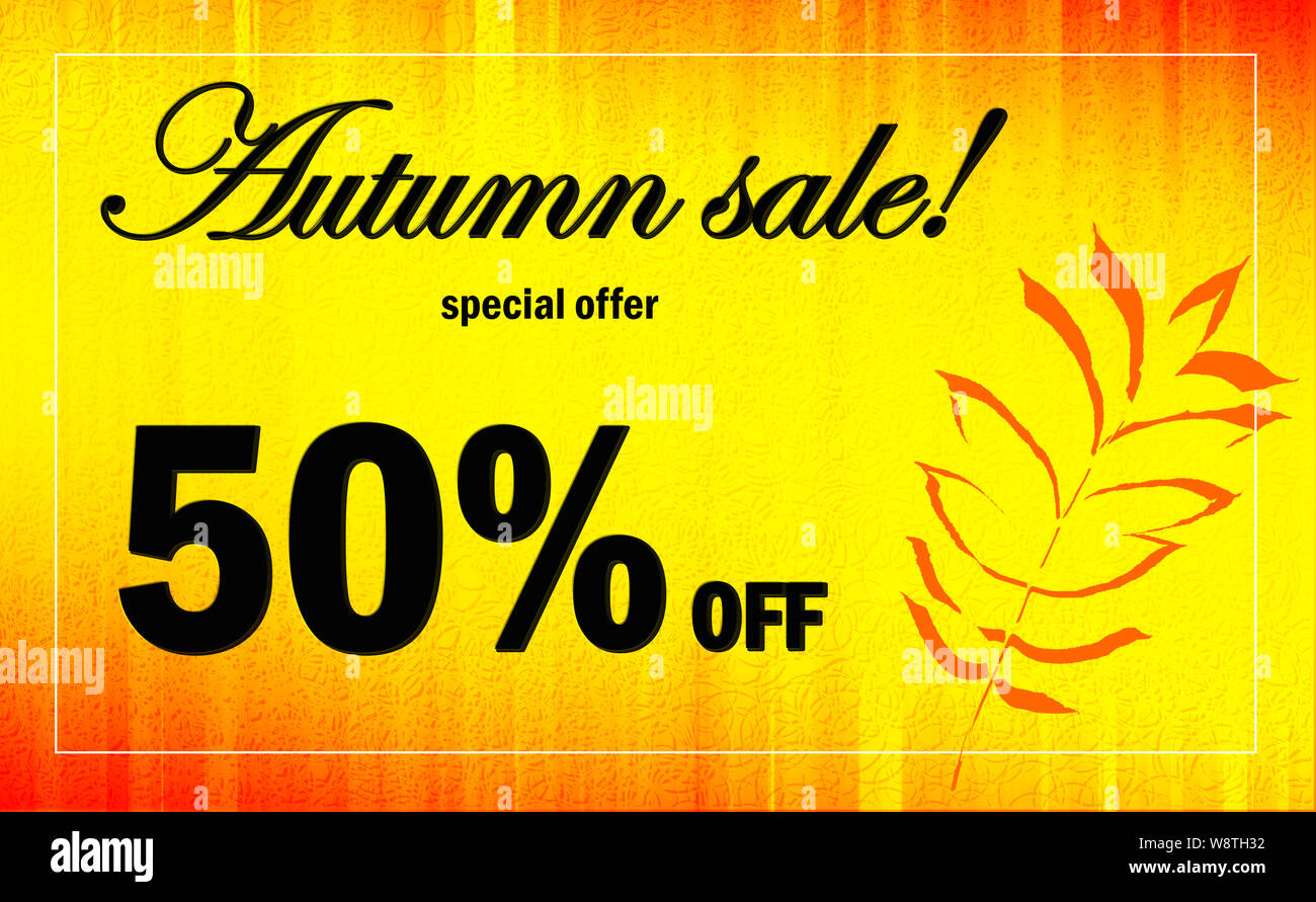 Bandeau publicitaire de l'automne. Frame rempli de jaune-rouge dégradé texturé. Inscription en noir avec cadre blanc silhouette orange en bas des feuilles righ Banque D'Images