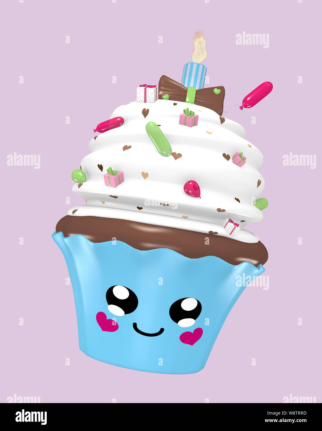 Kawaii Cute Cupcake Comme Emoticone Anniversaire Le Rendu 3d Photo Stock Alamy