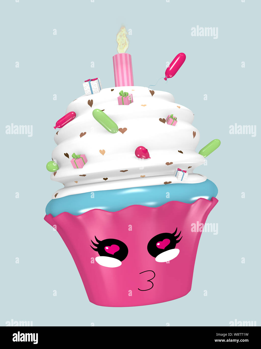 Cute Kawaii émoticône avec bougie allumée et baiser la bouche. Le rendu 3D Banque D'Images
