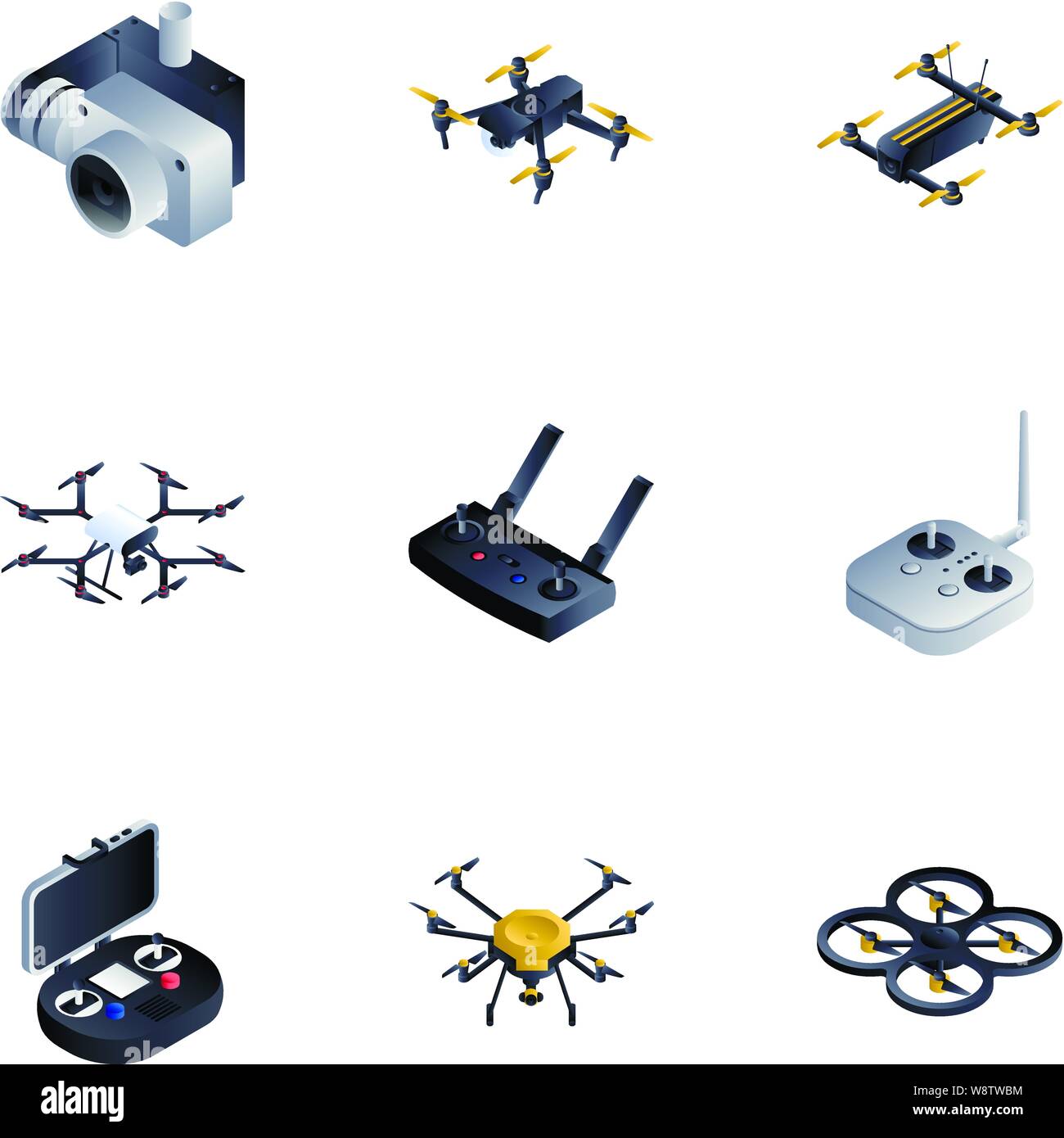 Drone toy icon set. Ensemble de 9 isométrique drone toy vector icons pour la conception web isolé sur fond blanc Illustration de Vecteur