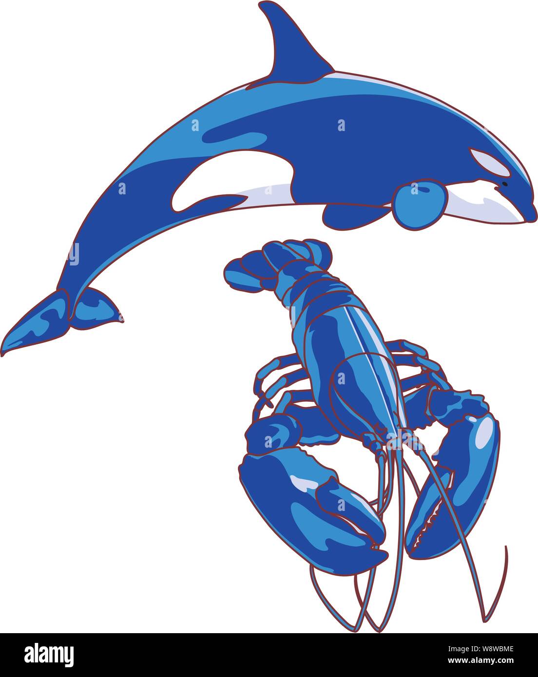 Plus de plongée baleine représentation orcha le homard homard bleu comme couleur graphique avec deux contours sombres Illustration de Vecteur