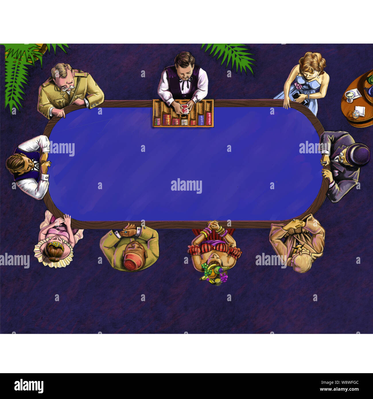 Table de Poker, vue de dessus, avec une variété de personnage animé joueurs et un concessionnaire avec un ruban noeud papillon et une boîte en bois de jetons de poker Banque D'Images