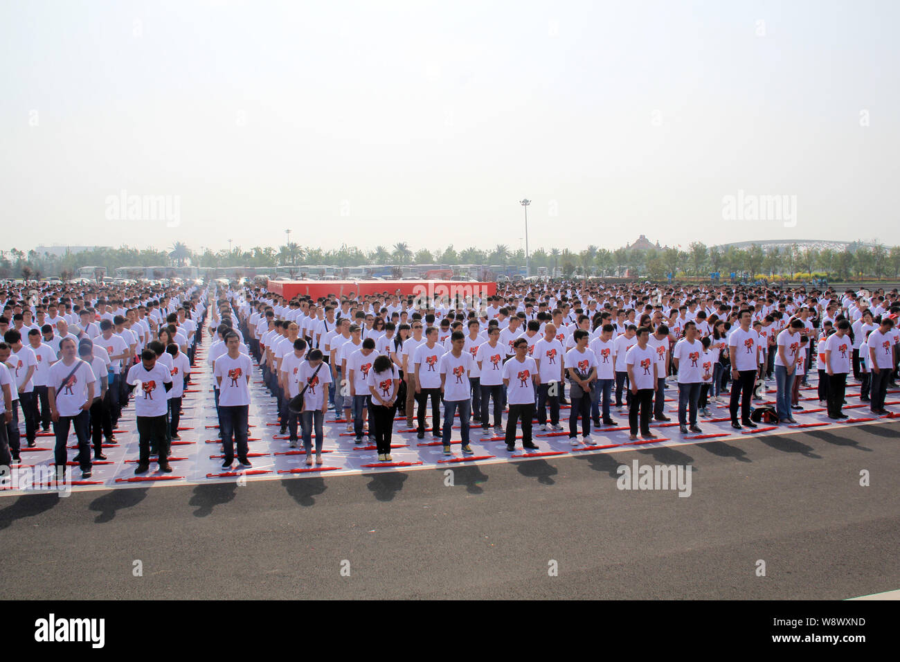 Les employés et les membres de leurs familles jusqu'à créer le plus grand code QR des mondes à l'usine d'embouteillage de Swire Coca-Cola Beverages Luohe Co., Lt Banque D'Images