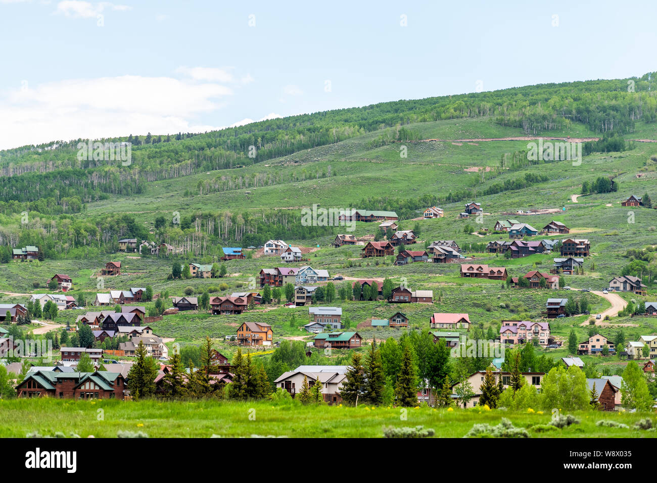 Mount Crested Butte village en été avec l'herbe colorée en bois et maisons de vacances sur les collines de vert couleur luxuriante Banque D'Images