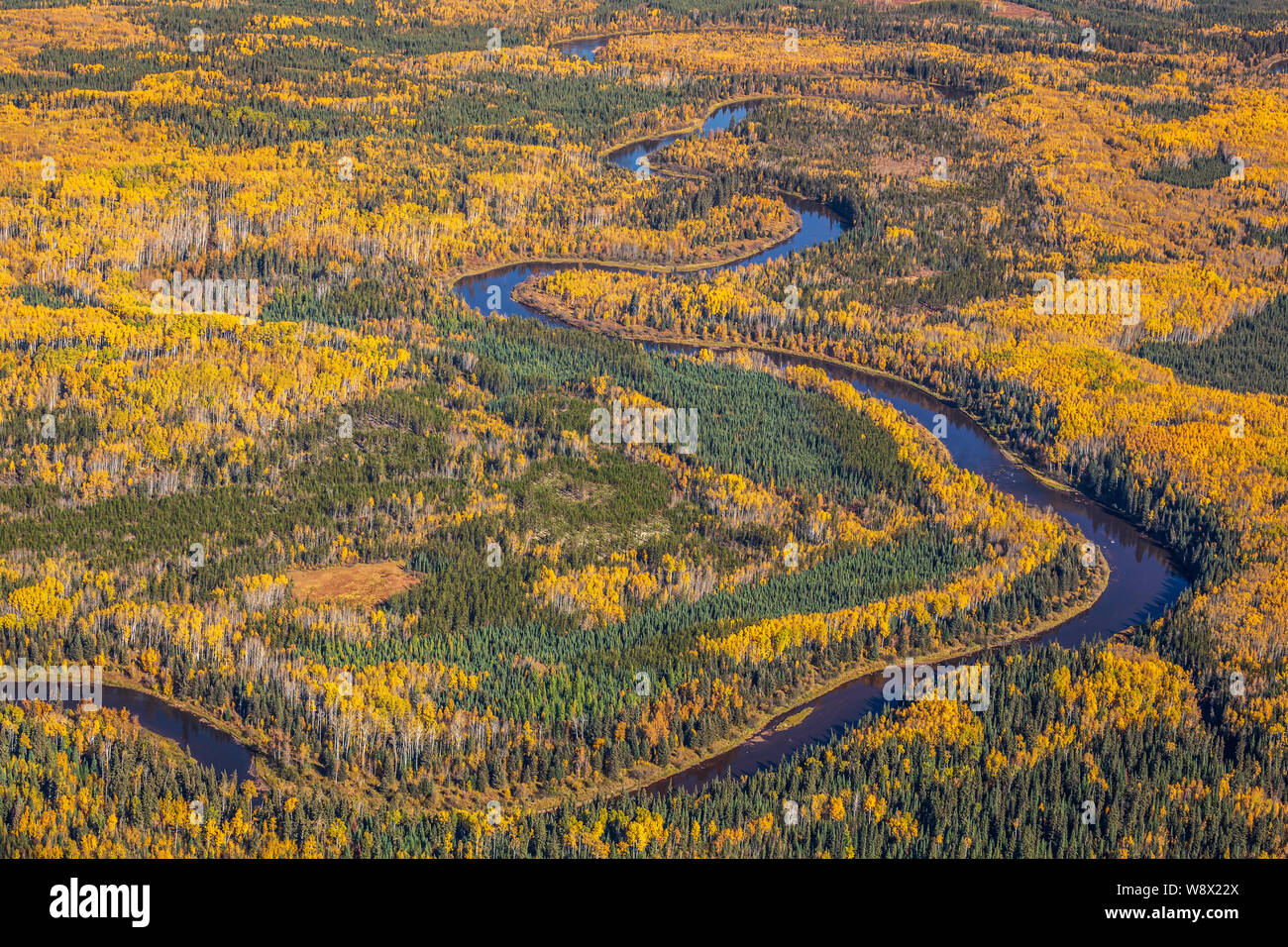 Vue aérienne de l'automne de la rivière Christina au sud de Fort McMurray, en Alberta. Banque D'Images