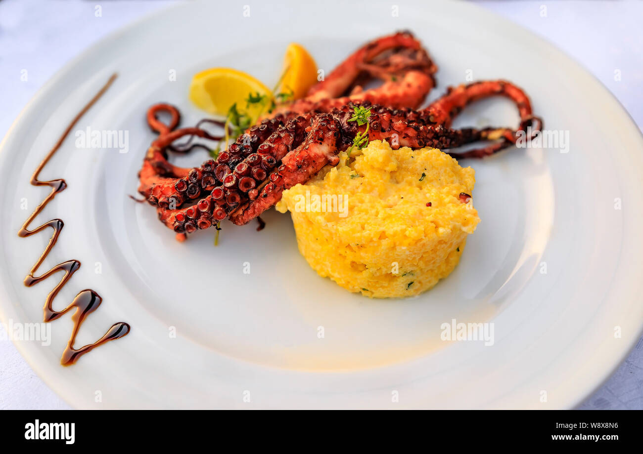 Assiette de poulpe grillé, côté de la polenta et des tranches d'orange, décoré avec du vinaigre balsamique et herbes fraîches à un restaurant en plein air au Monténégro Banque D'Images