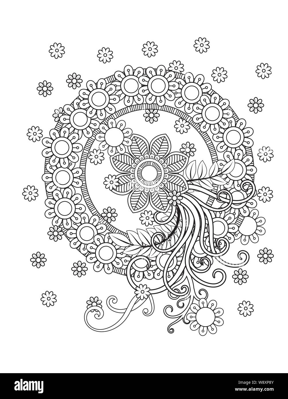 Motif floral mandala en noir et blanc. Livre de coloriage adultes page avec des fleurs et des mandalas. Motif Oriental, affiche des éléments décoratifs. . Hand drawn vector illustration Illustration de Vecteur
