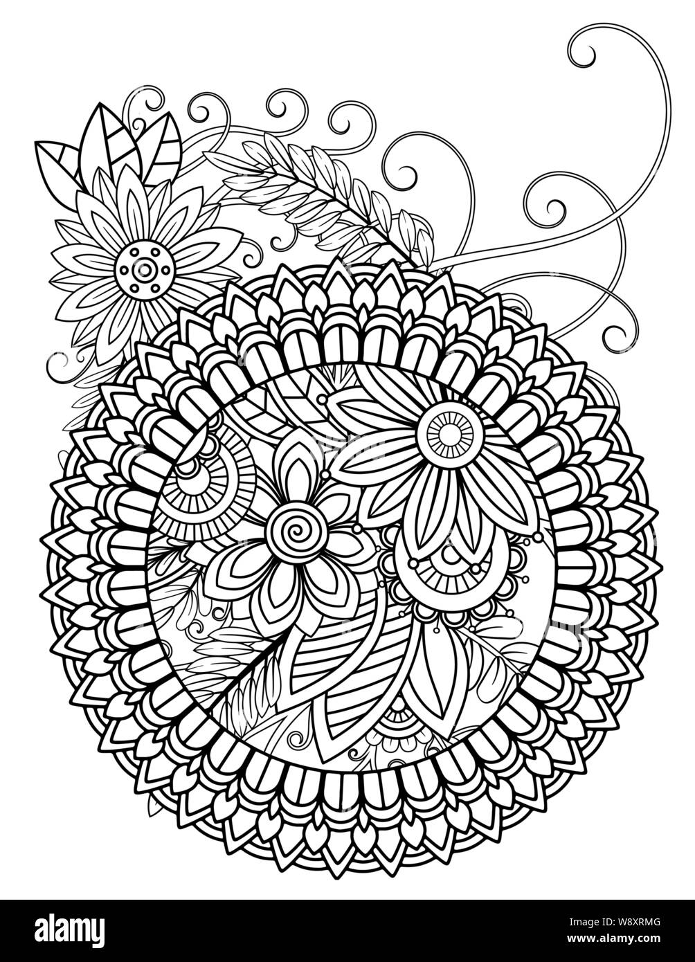 Motif floral mandala en noir et blanc. Livre de coloriage adultes page avec des fleurs et des mandalas. Motif Oriental, affiche des éléments décoratifs. Hand drawn vector illustration Illustration de Vecteur