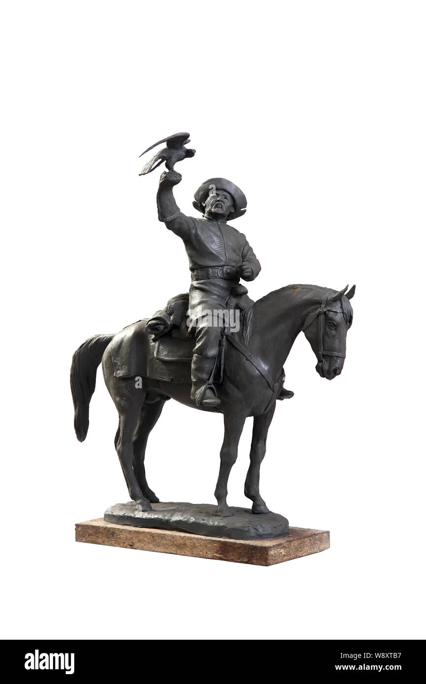 Figurine plasticine, cavalier, chasseur et falcon. fond blanc. Banque D'Images