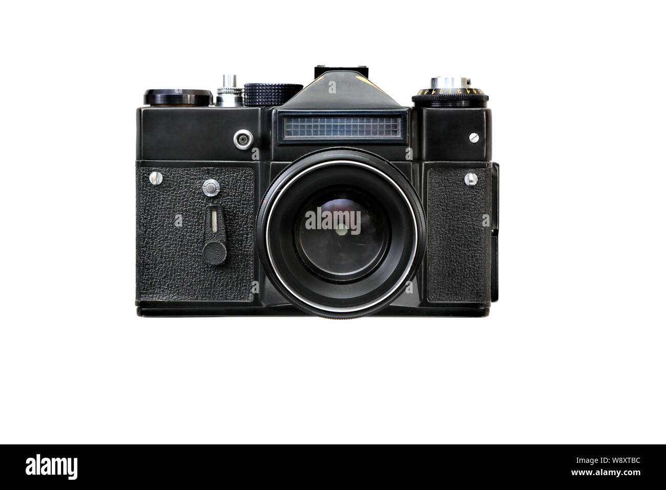 Ancien appareil photo classique 35 mm. noir. fond blanc. Banque D'Images
