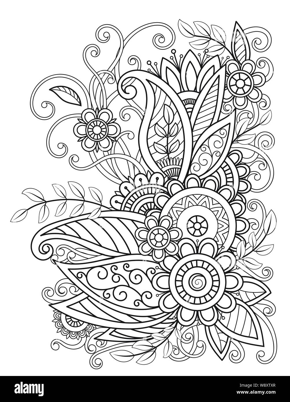 Des profils coloriage avec motif floral oriental. Noir et blanc fleurs doodle. Vector illustration art ligne Bouquet isolé sur fond blanc. Vecteur conception Mehndi Illustration de Vecteur