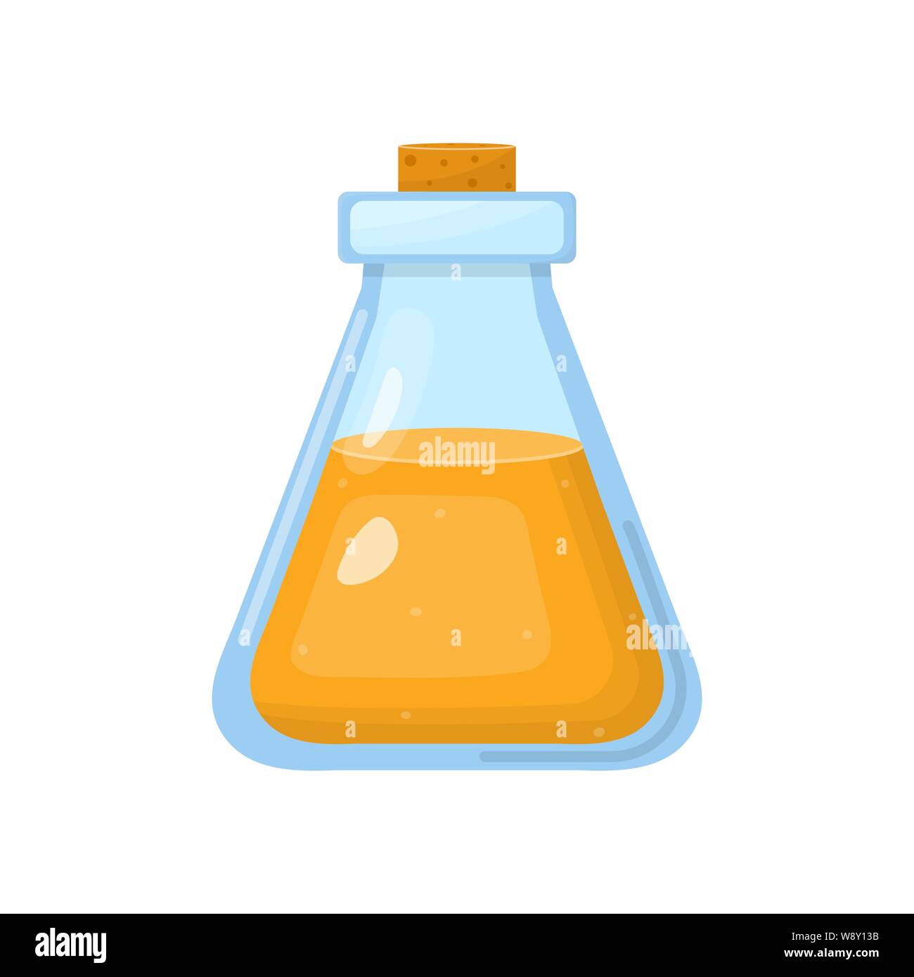 Potion magique en bouteille avec un liquide orange isolé sur fond blanc. L'alchimie ou chimiques elixir. Vector illustration pour toute conception. Illustration de Vecteur