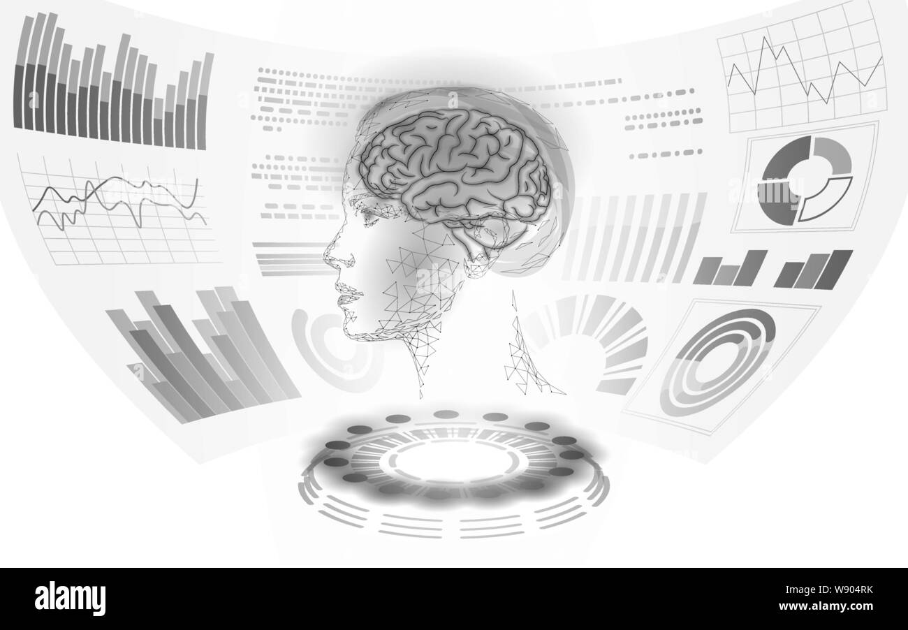 Assistant virtuel utilisateur HUD de la technologie de l'affichage. L'intelligence artificielle ia support du robot. Réseau de neurones du cerveau femme Chatbot low poly vector Illustration de Vecteur