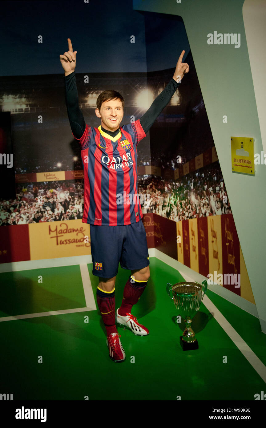 La statue de cire de superstar de football argentin Lionel Messi est affichée à la Musée de Cire Madame Tussauds à Beijing, Chine, 29 mai 2014. Banque D'Images