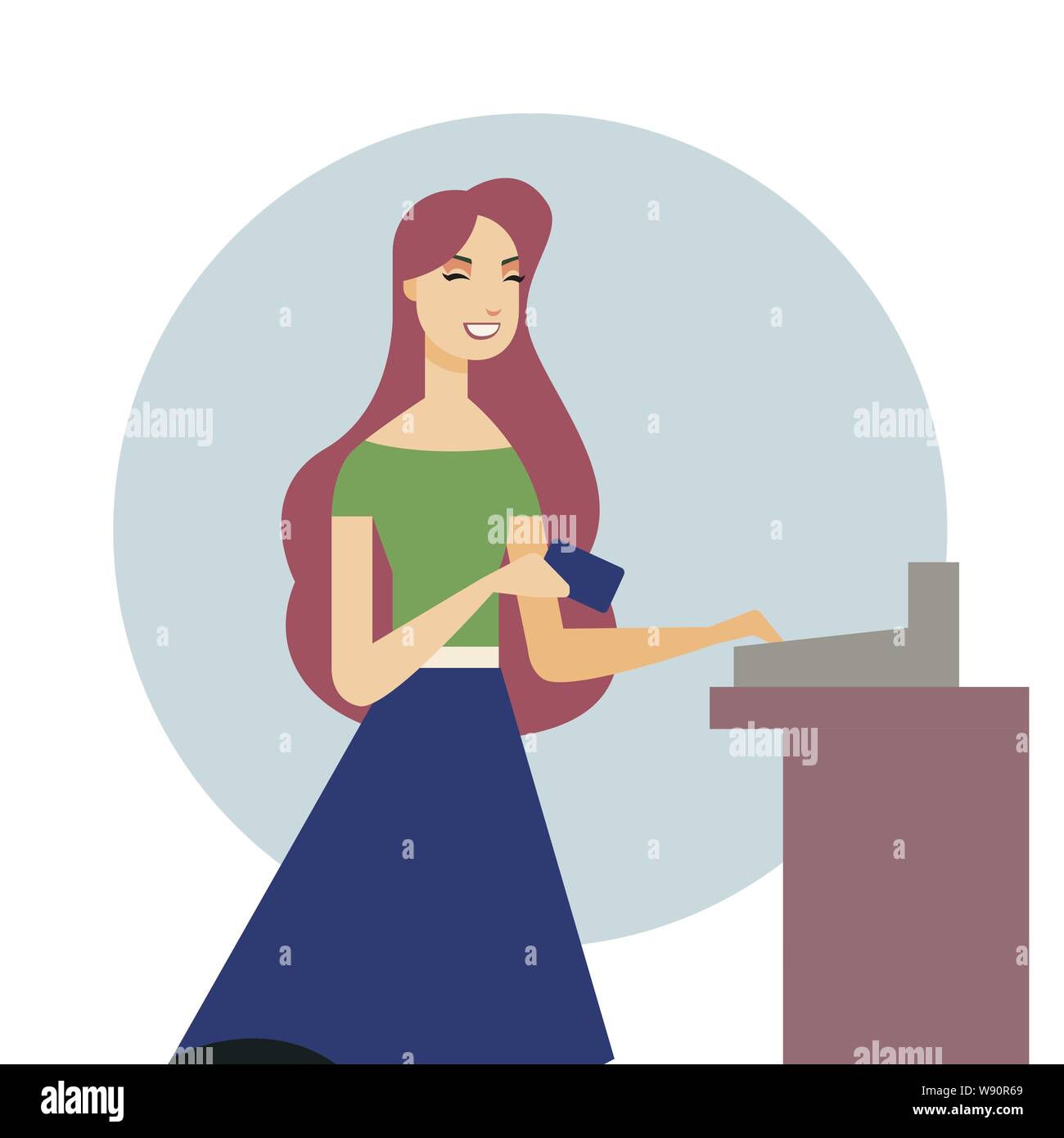 Belle femme tenant une carte de crédit dans sa main. Le Shopping. Vector illustration dans le style cartoon Illustration de Vecteur